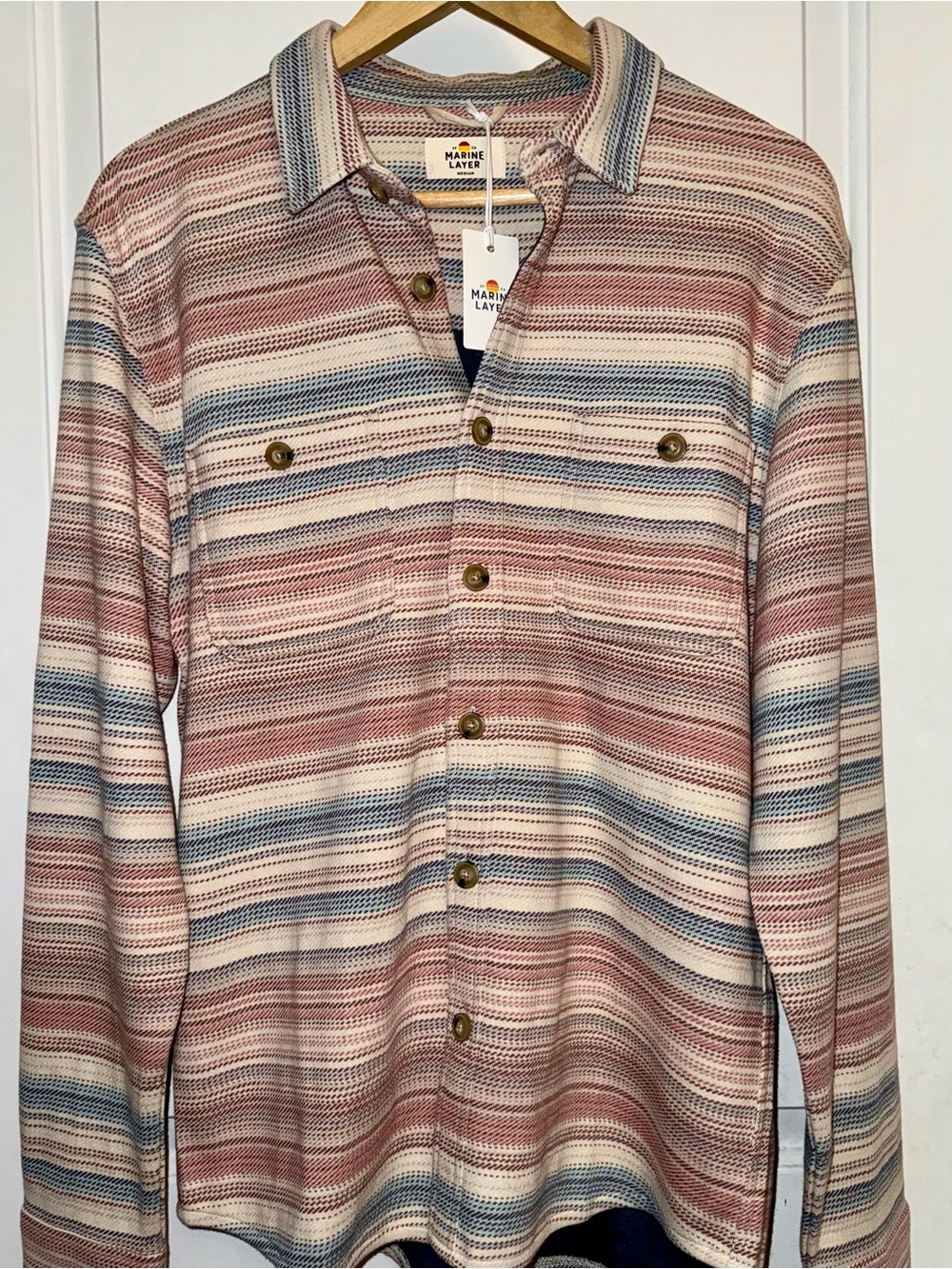 Marine Layer NWT Pacifica Stretch Twill Shirt in Warm Baja Stripe